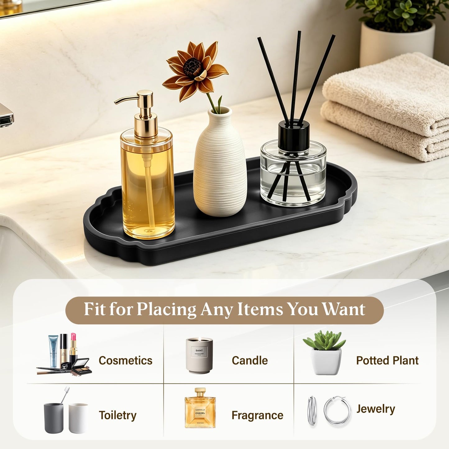 Rolcoassuns Silicone Bathroom Tray, 9.5" x 4" Perfume Tray, Black