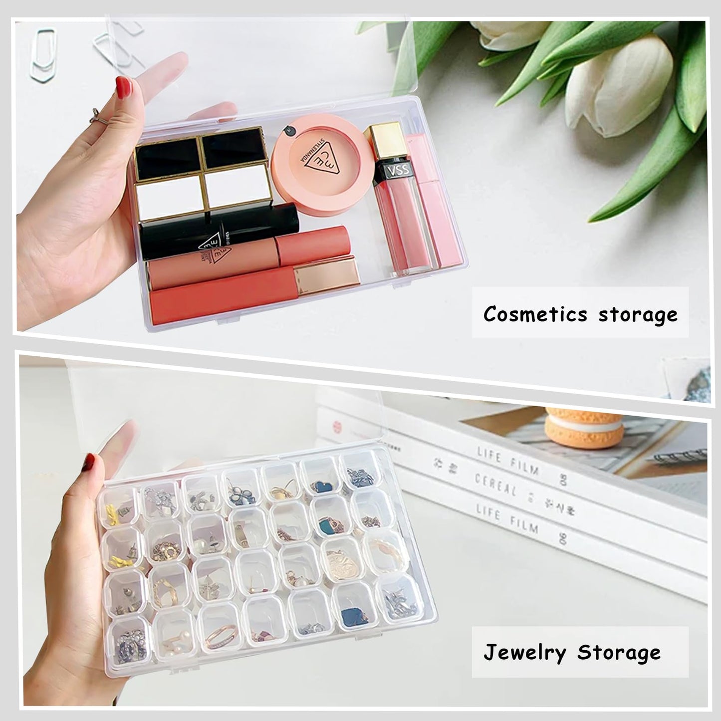 2 Set Pack of 28 Grids Bead Storage Box, Diamond Art Storage Box, Jewellery Storage Box, Compartment Storage Boxes Plastic Organiser Box for Beads
