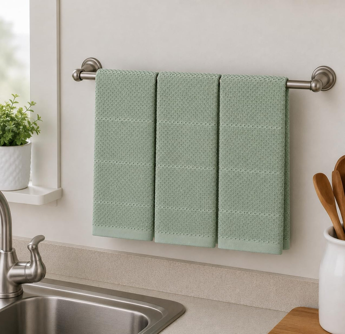 Sage Green Kitchen Dish Towels: 100% Cotton Cloth Soft Cleaning Drying Absorbent Textured Terry Loop, Set of 3 Multipurpose for Everyday Use