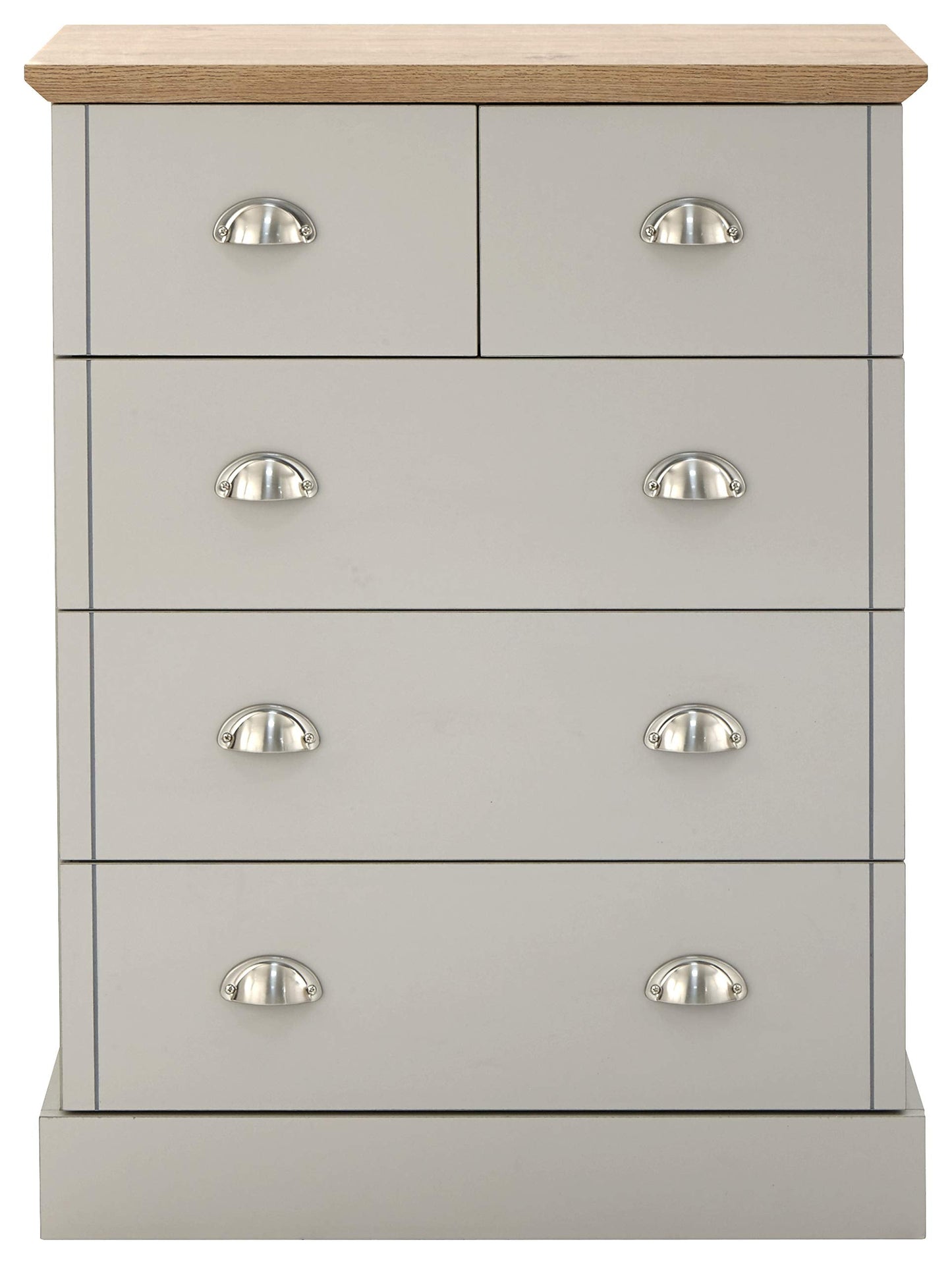 GFW Kendal 2+3 Drawer Chest of Drawers, Light Grey and Oak Effect Bedroom Storage Unit, Country Style Chest with 5 Drawers