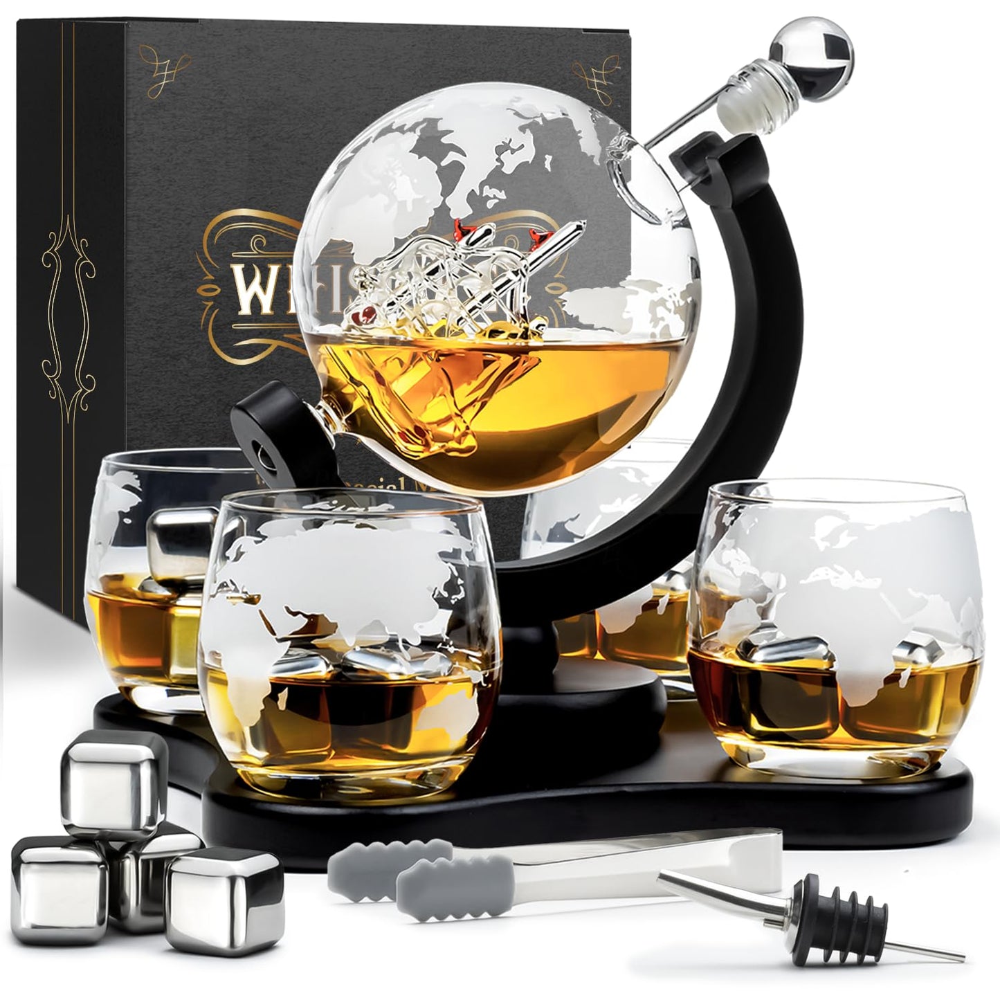 WHISISKEY - Whiskey Decanter Set - 900ML Globe Carafe - Whiskey Gift Sets for Men - Whisky Set - Glass Gifts for Men - Inc. 4 Whiskey Glasses, 4