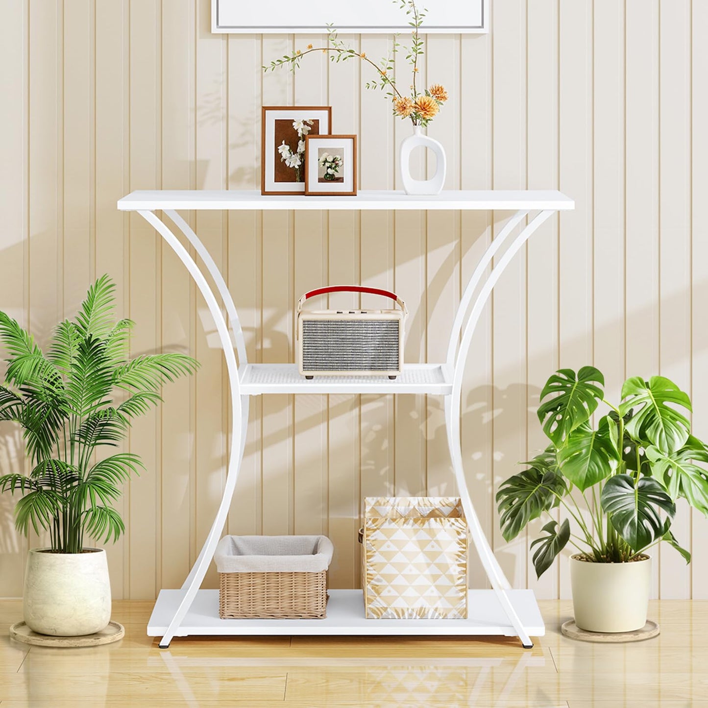 HDANI 3-Tier Metal Console Table with Grid Shelf, Narrow Hallway Table with Sturdy Frame, Narrow Entrance Table & Sofa Table for Hallway, Living Room