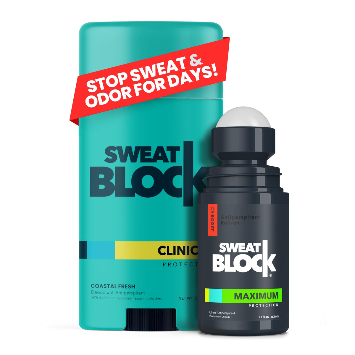 SweatBlock Antiperspirant Deodorant Max Clinical System for Men & Women. Treat Hyperhidrosis - Includes: (1) DRIBOOST [PM] Maximum Strength