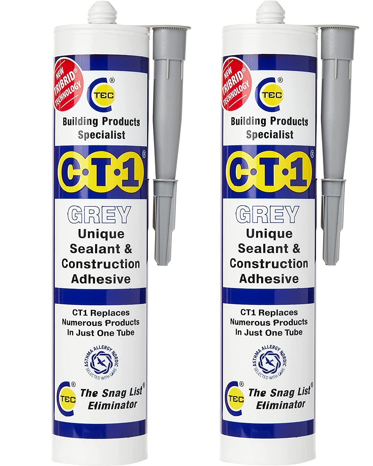 CT1 - Building Sealant & Adhesive Snag Tube for Virtually Any Material (Grey Twin Pack) (CT1-Twin-Pack)