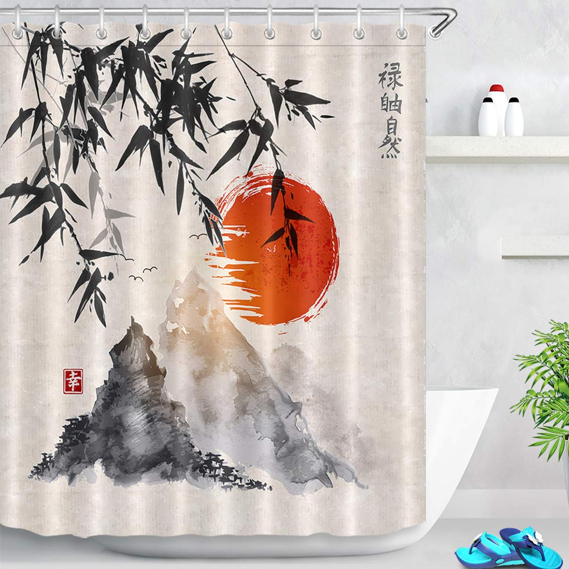 LB Sumi-e Japanese Shower Curtain 59x71 inch Chinese Ink Painting Bath Curtain Bamboo Mountain Red Sun Bathroom Decor with Hooks,Waterproof Anti Mould