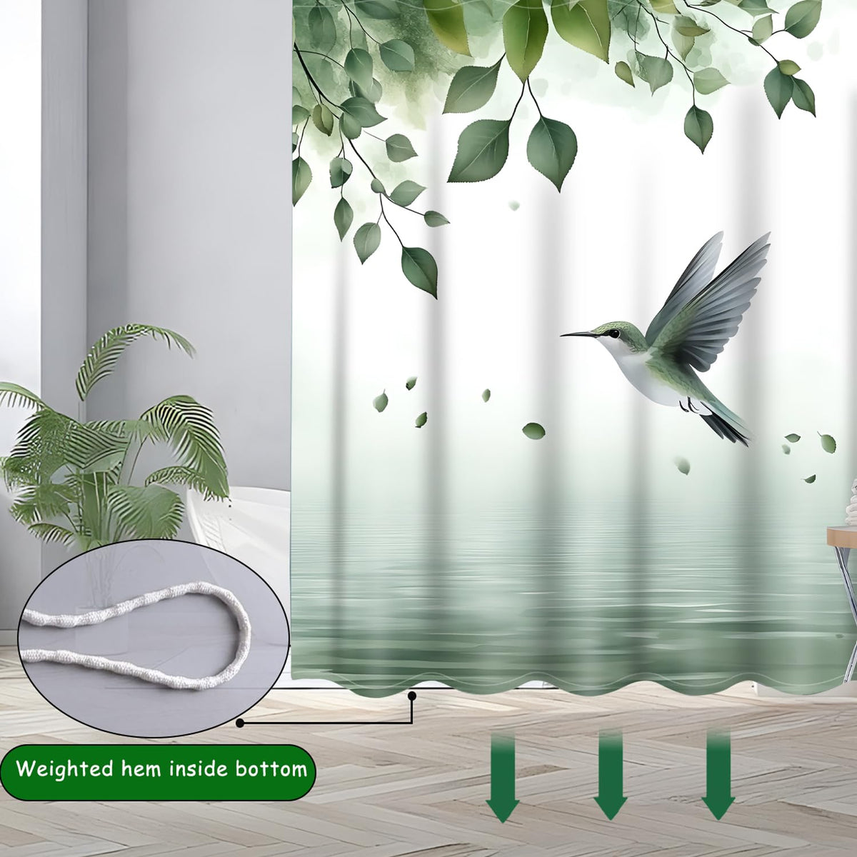 NEJLCTOROUS Leaves Shower Curtain, 3D HD Nature Green Leaves Bathroom Curtains, Waterproof Shower Curtains