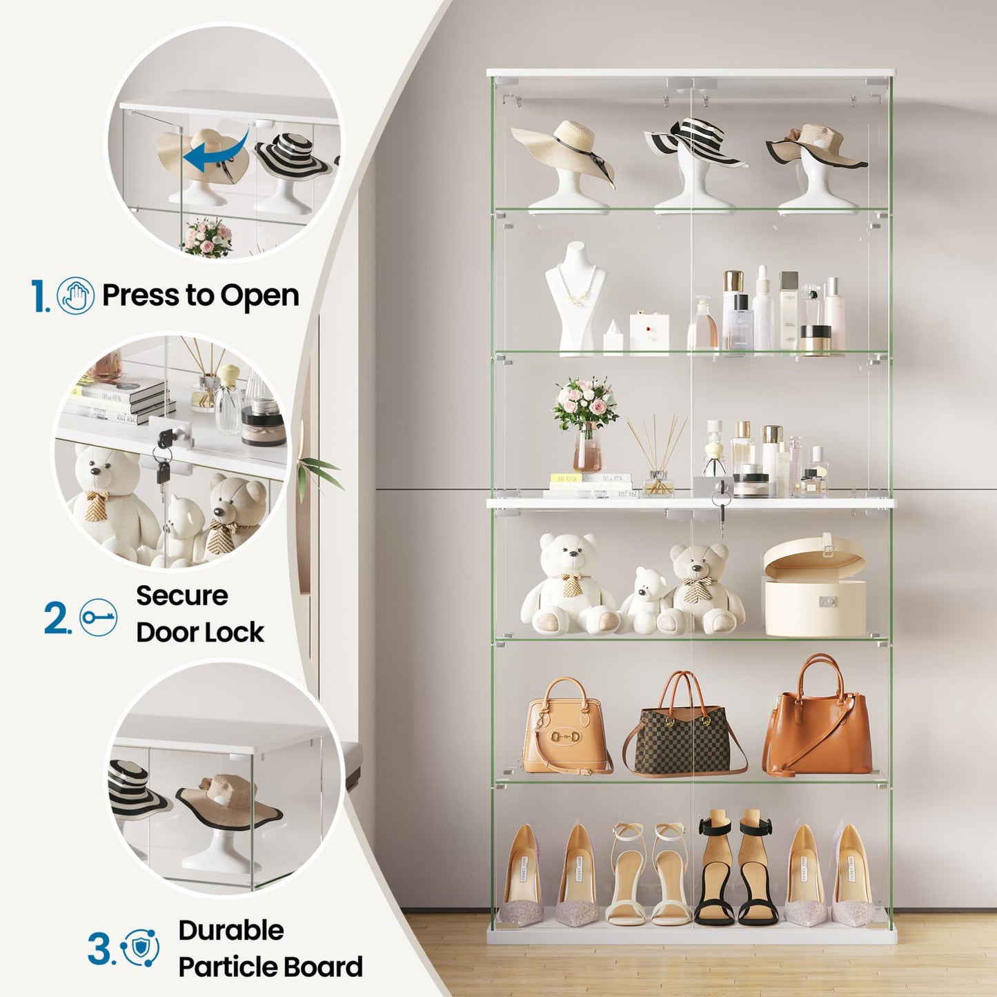 FREDEES Full Glass Display Cabinet with RGB Lights, 6-Tier, White
