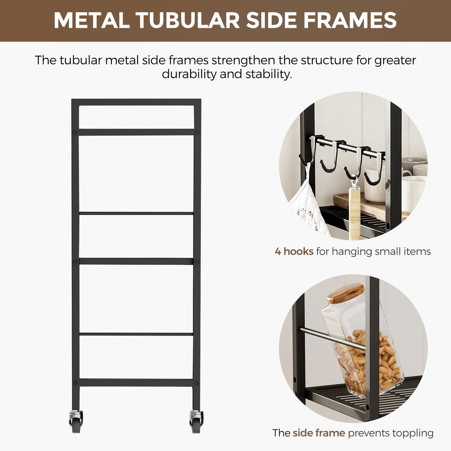3-Tier kitchen trolley,Black Wood Top,60W×30Dcm,4 Hooks, Adjustable Shelves