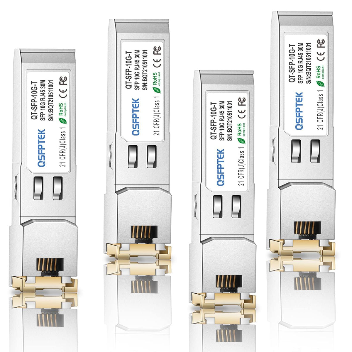 QSFPTEK (4Pack) 10GBASE-T SFP+ to RJ45, 1.25G/2.5G/5G/10Gb RJ45 Copper Mini-GBIC Transceiver for Cisco SFP-10G-T-S, Ubiquiti UF-RJ45-10G, Mikrotik,