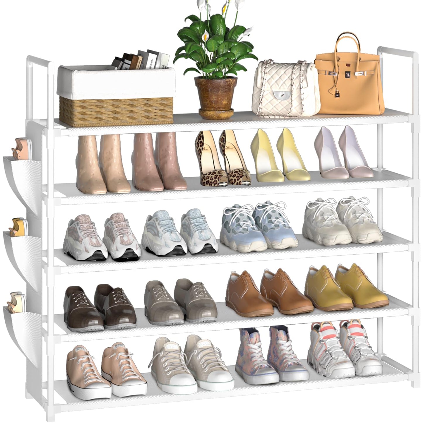 OYREL Shoe Rack 5 Tier 20-25 Pairs Shoes, Shoe Storage Large with Side Bag