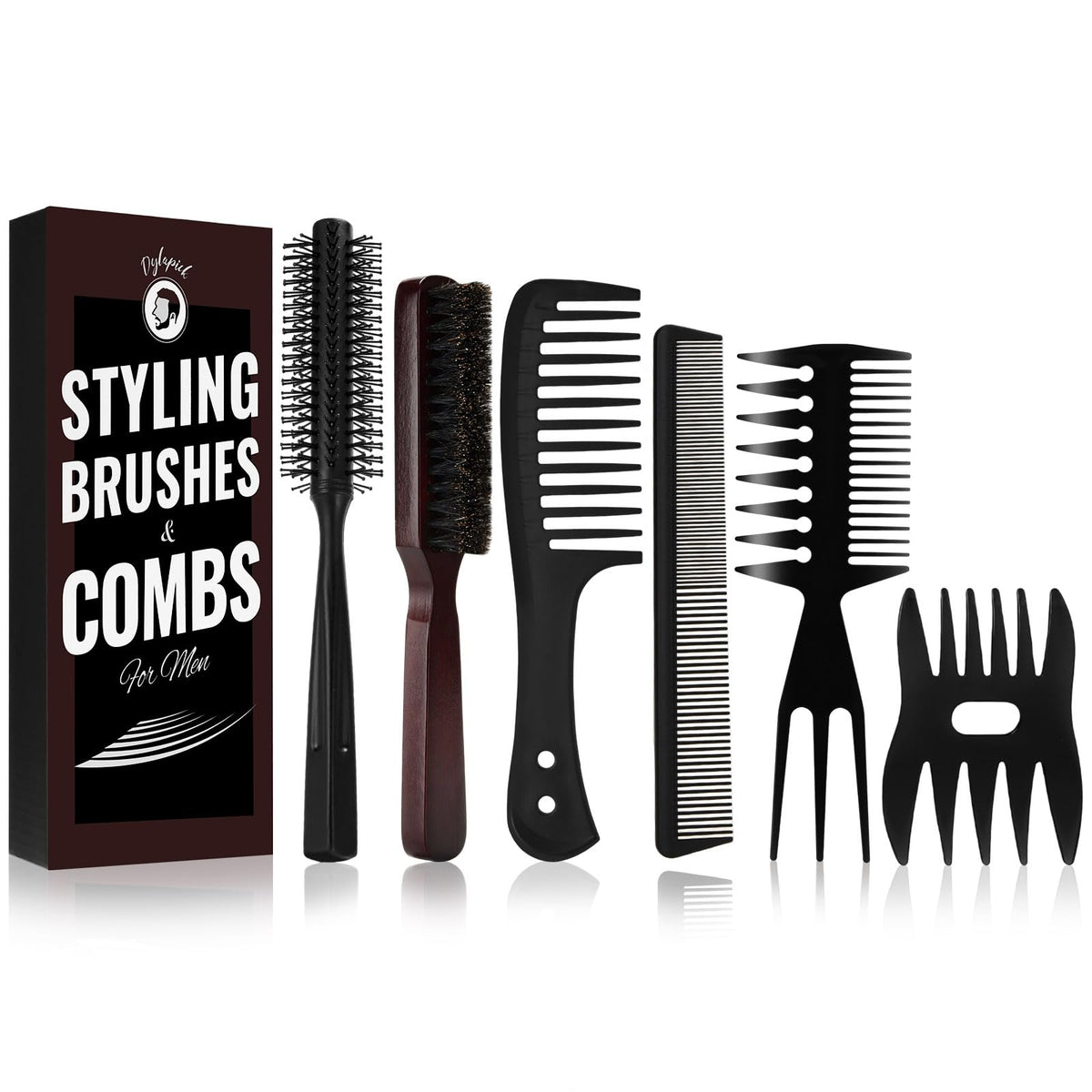 Mens Hair Brush and Beard Brush Set,Boar Bristle Beard Brush,Wide Tooth Comb,Round Hair Brush,Texture Comb for Hair Detangle,Blow Dry,Cutting,Parting