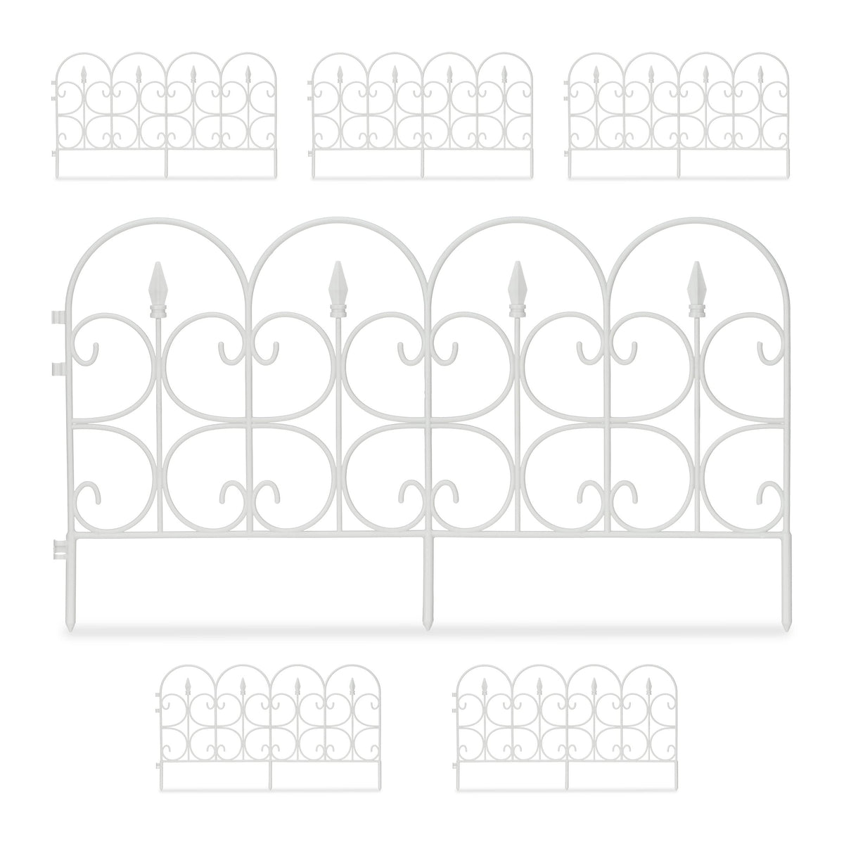 Relaxdays Weatherproof Plastic Flowerbed Fence, 30 cm Tall, Ornate Lawn Enclosure with Spikes, 6-Pc Set, 4m, White