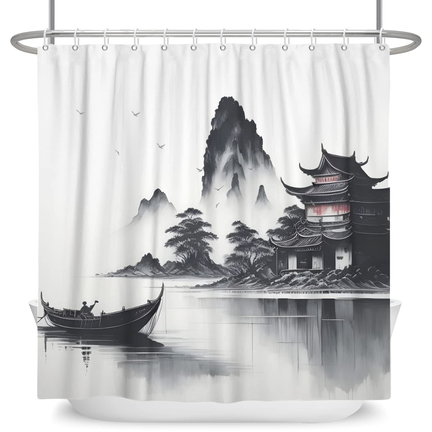 SDOTPMT 180x180cm Japanese Asian Ink Painting Shower Curtain Foggy Mountain Boat Wild Goose Bathtub Curtain Outdoor Natural Scenery Bath Curtain for