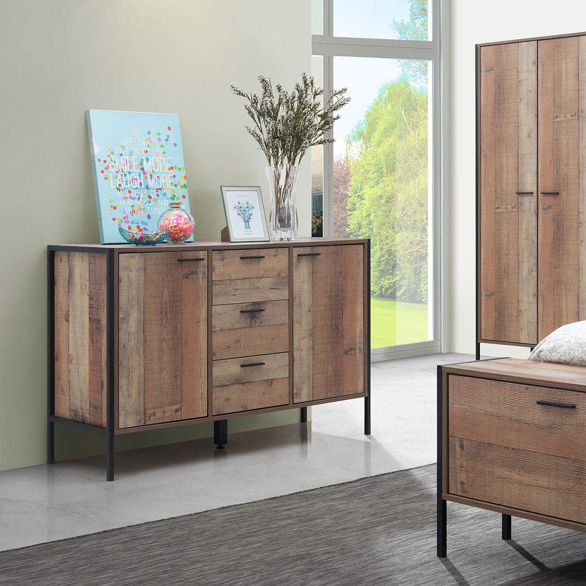 Timber Art Design UK 2 Door 3 Drawer Sideboard For Living Room, Bedroom Industrial Storage Cabinet Shelving - Rustic with Oak Effect - 80 x 123.8 x 40
