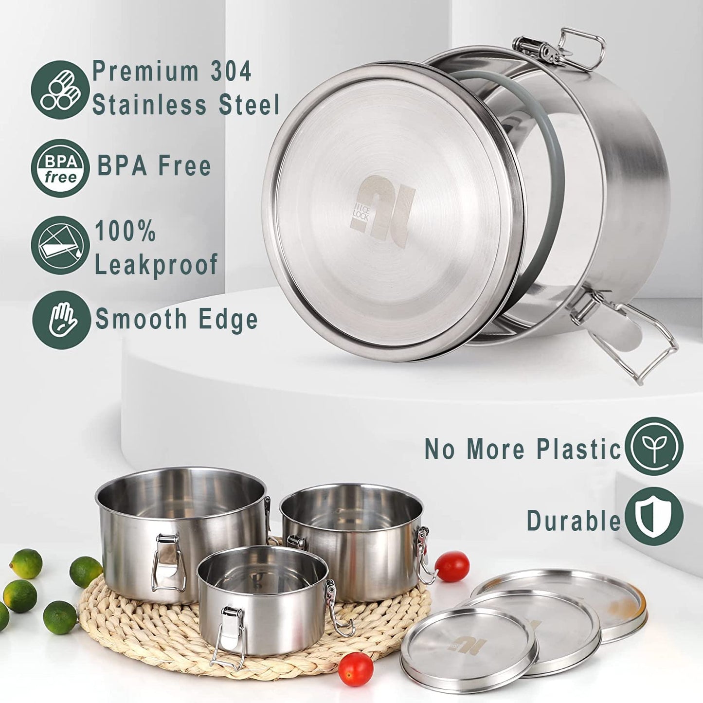 nicelock Stainless Steel Food Containers with Airtight Lid Set of 3 Leak Proof Metal Lunch Bento Box for Kids Student Women Reusable Stackable Kitchen