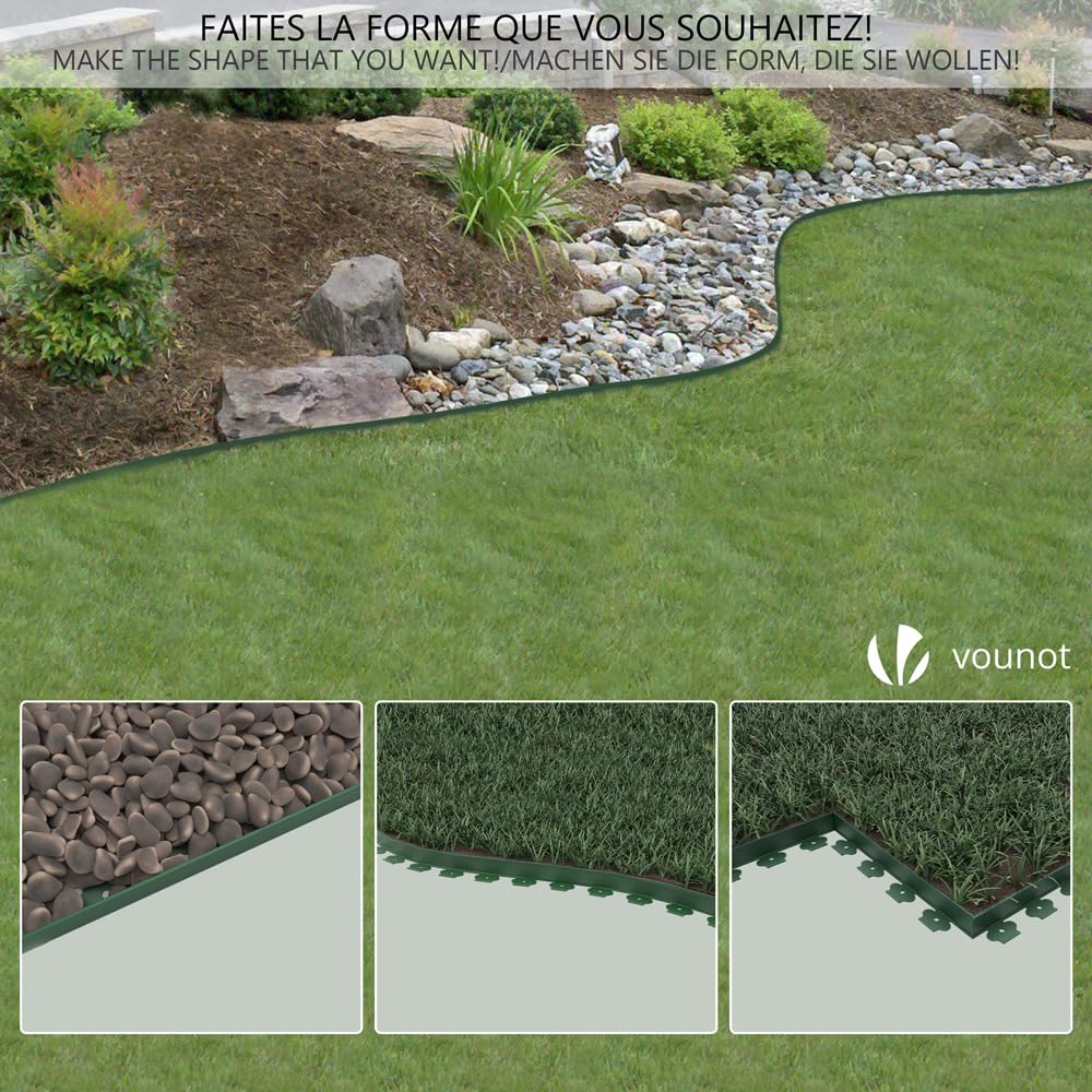 VOUNOT 20m Flexible Lawn Edging, Plastic Garden Edging Border with 60 Strong Securing Pegs, Height 5cm, Green