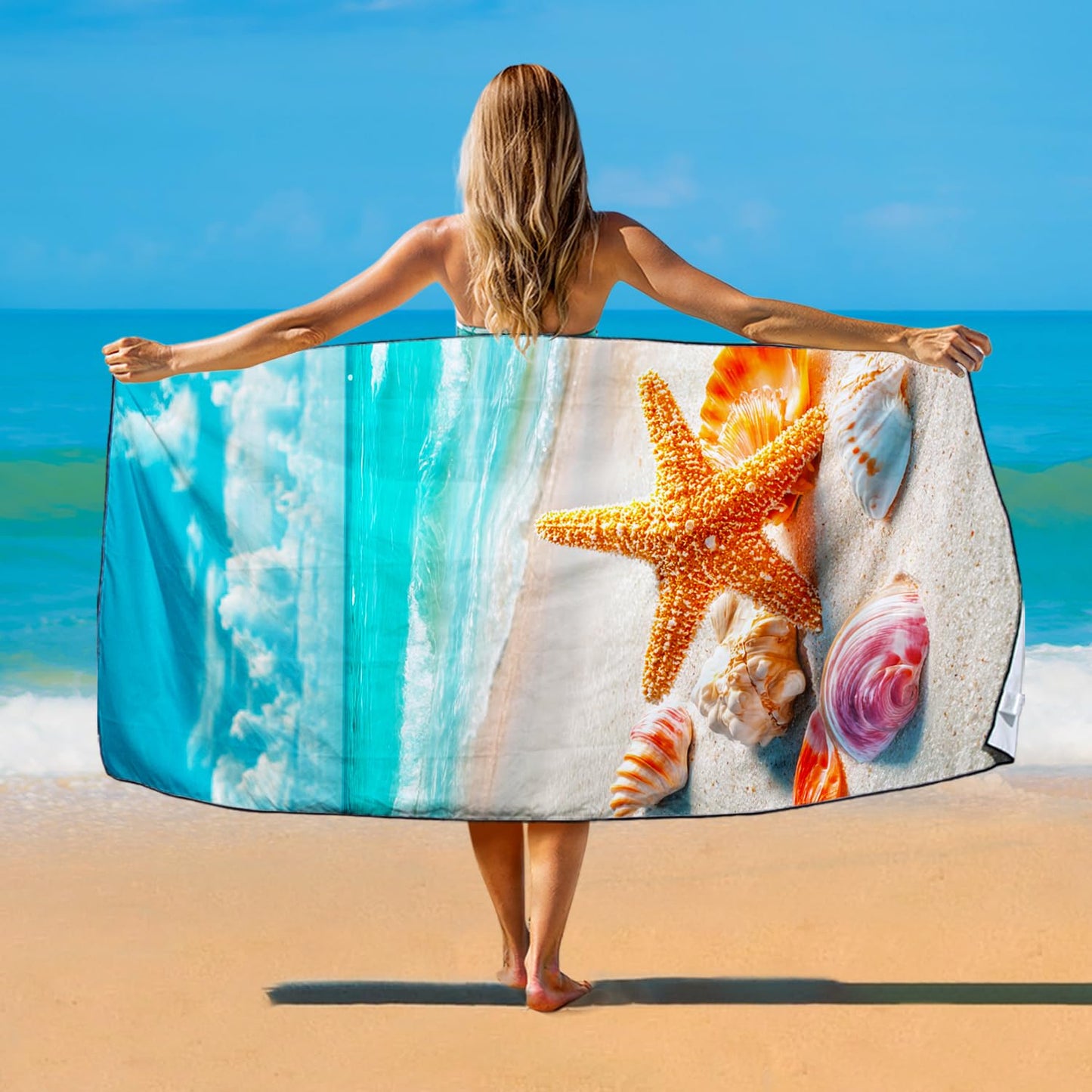 Violetpos Golden Starfish & Shells Beach Towel, Extra Large 180x90 cm 250GSM Microfibre, Sand Free Quick Dry