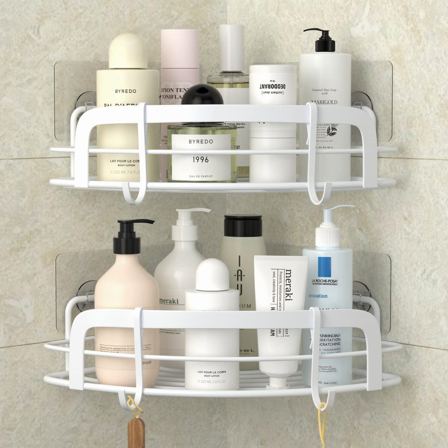 STEUGO 2-Pack Corner Shower with 4 Hooks Adhesive, Bathroom Shower Rack Rust Resistant SUS304 Stainless Steel for Dorm Bathroom Kitchen Storage