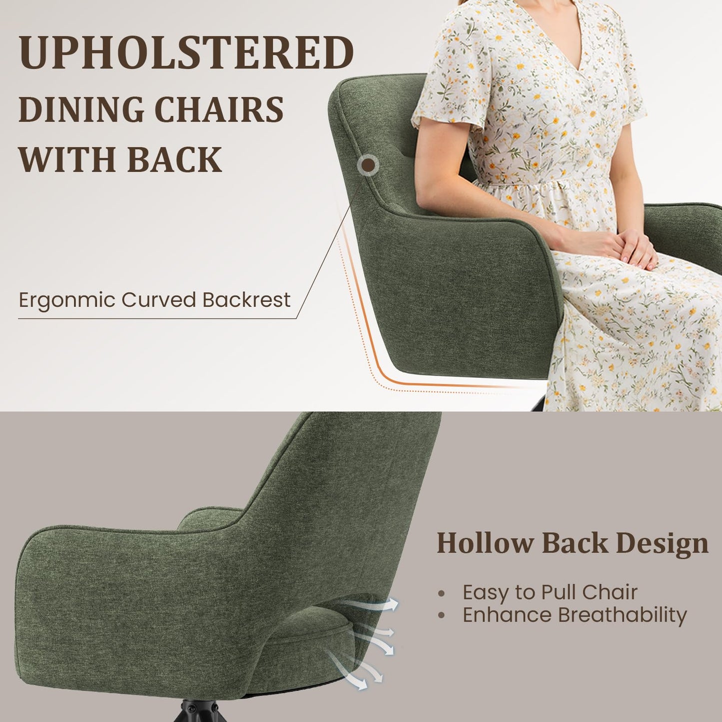 COLAMY 360°Swivel Dining Chairs Set of 4, Fabric Chairs for Dining Room with Armrests, Hollow Backrest and Thick Seat Cushion