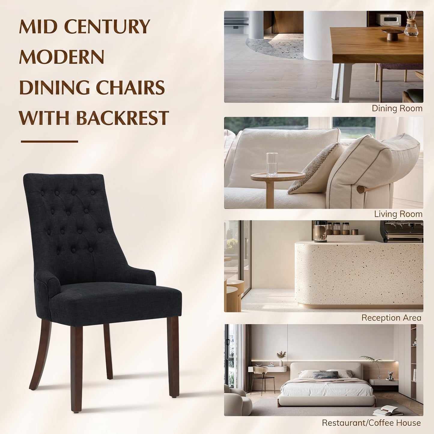 MALOL Upholstered Dining Chairs Set of 2, Wingback Dining Room Chairs with Tufted Button, High Back Kitchen Chairs with Solid Wood Legs