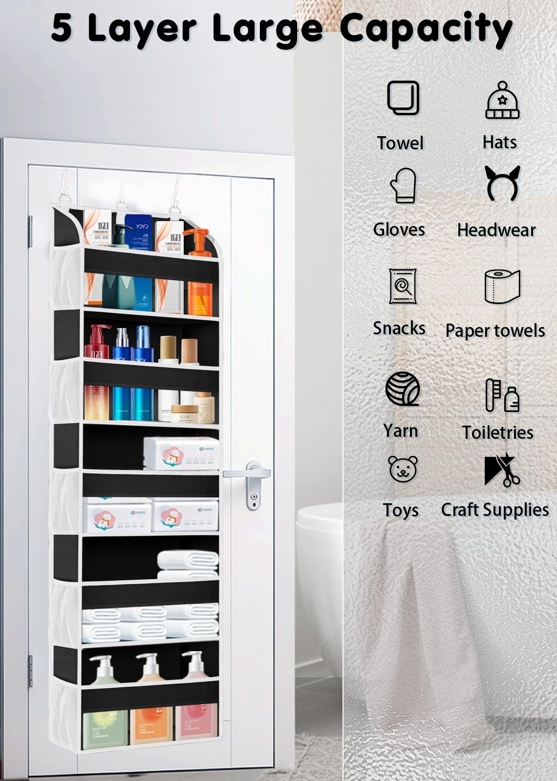 TAHAVICE Over The Door Storage Organizer with 5-Shelf, Door Organizer Hanging 3 Metal Hooks,10 Mesh Pockets(Black)