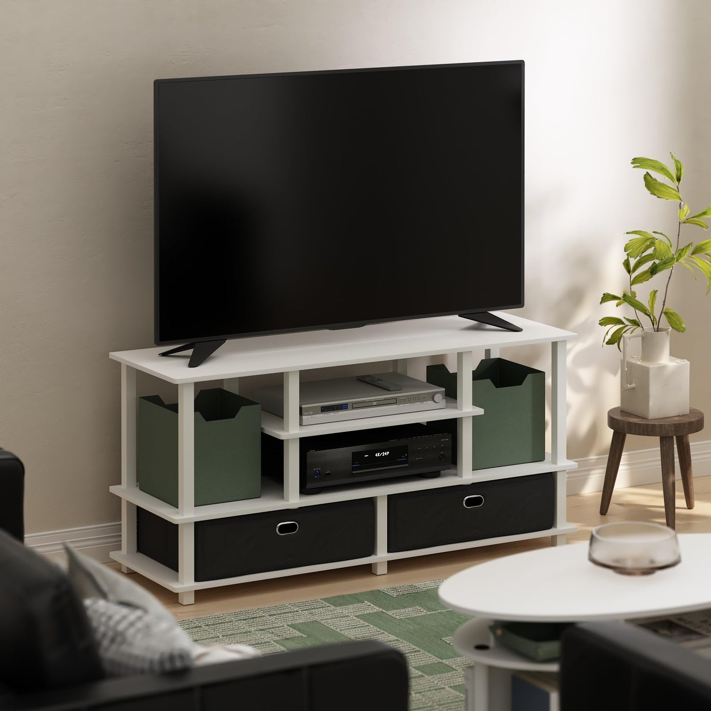 Furinno JAYA TV Stand, 4-Tier Entertainment Center, TV Console for TV up to 55 Inch with 2 Storage Bins and Open Shelves, for Living Room, Bedroom