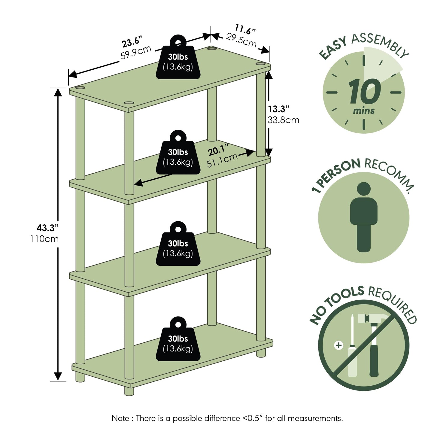 Furinno TURN-N-TUBE Storage Shelves, 4-Tier Book Shelf, Corner Shelf, Toolless Open Shelves, for Organization and Storage, Living Room, Bedroom