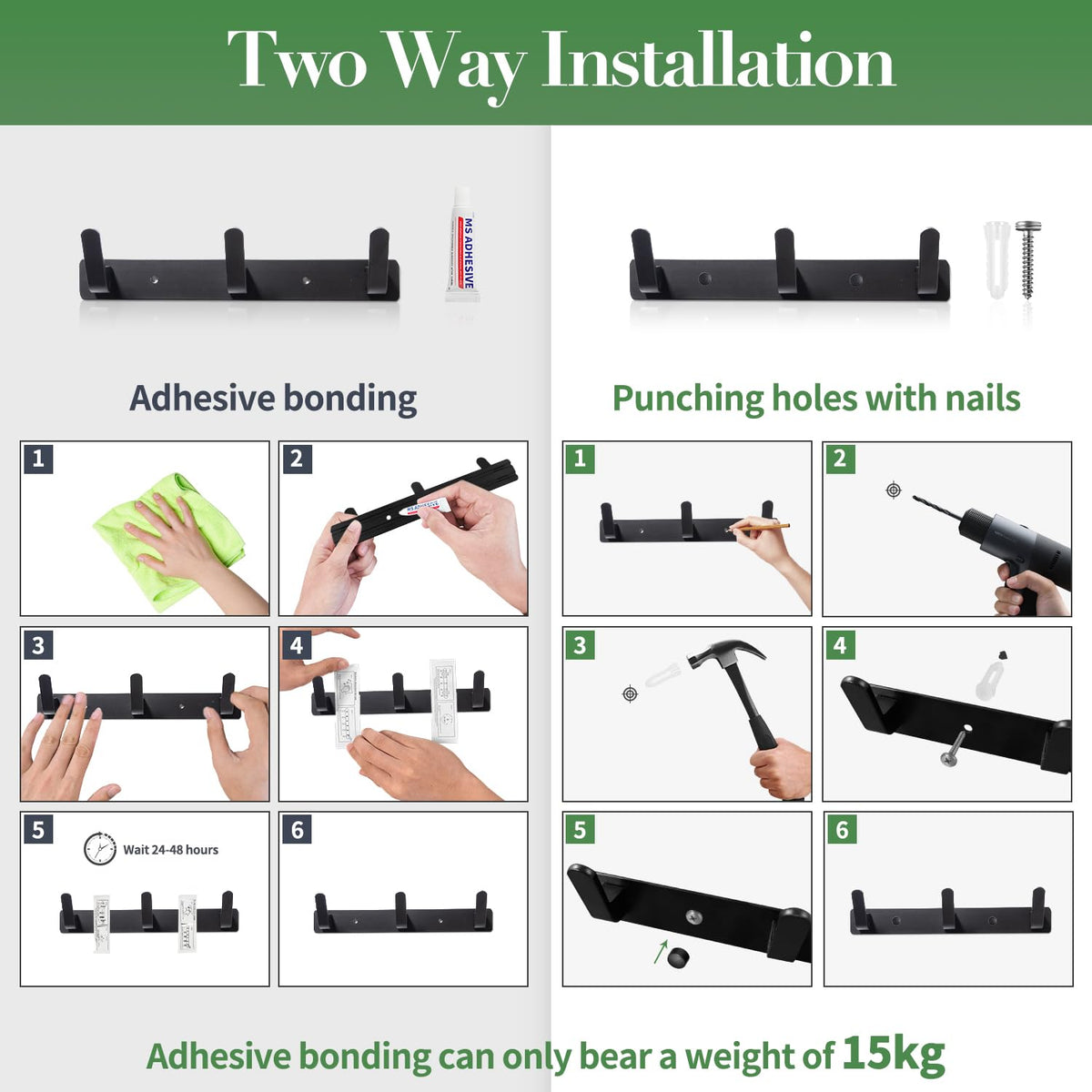 Sevenpers 2 Pack Coat Hooks Wall Mounted, Heavy Duty Coat Rack with 5 Hooks