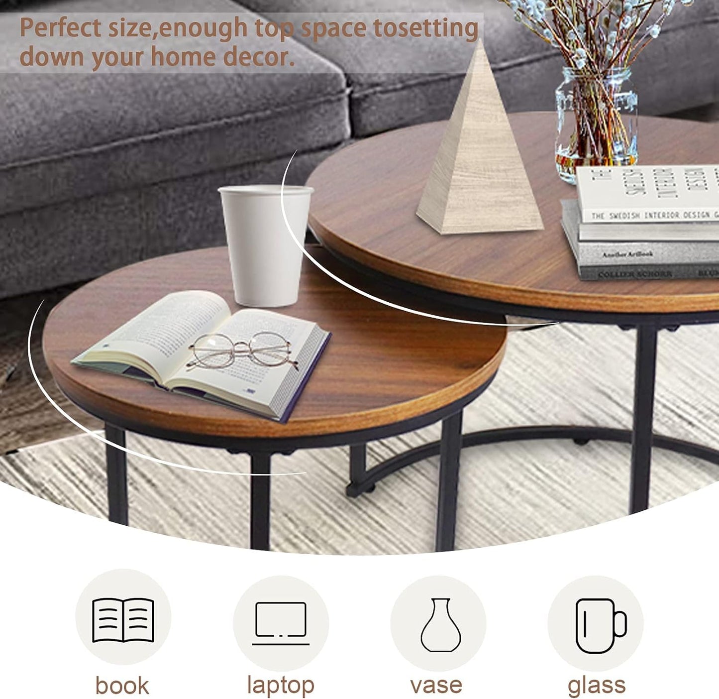 Huhote Round Coffee Tables, Set of 2 End Table, Nesting Tables, Side Table