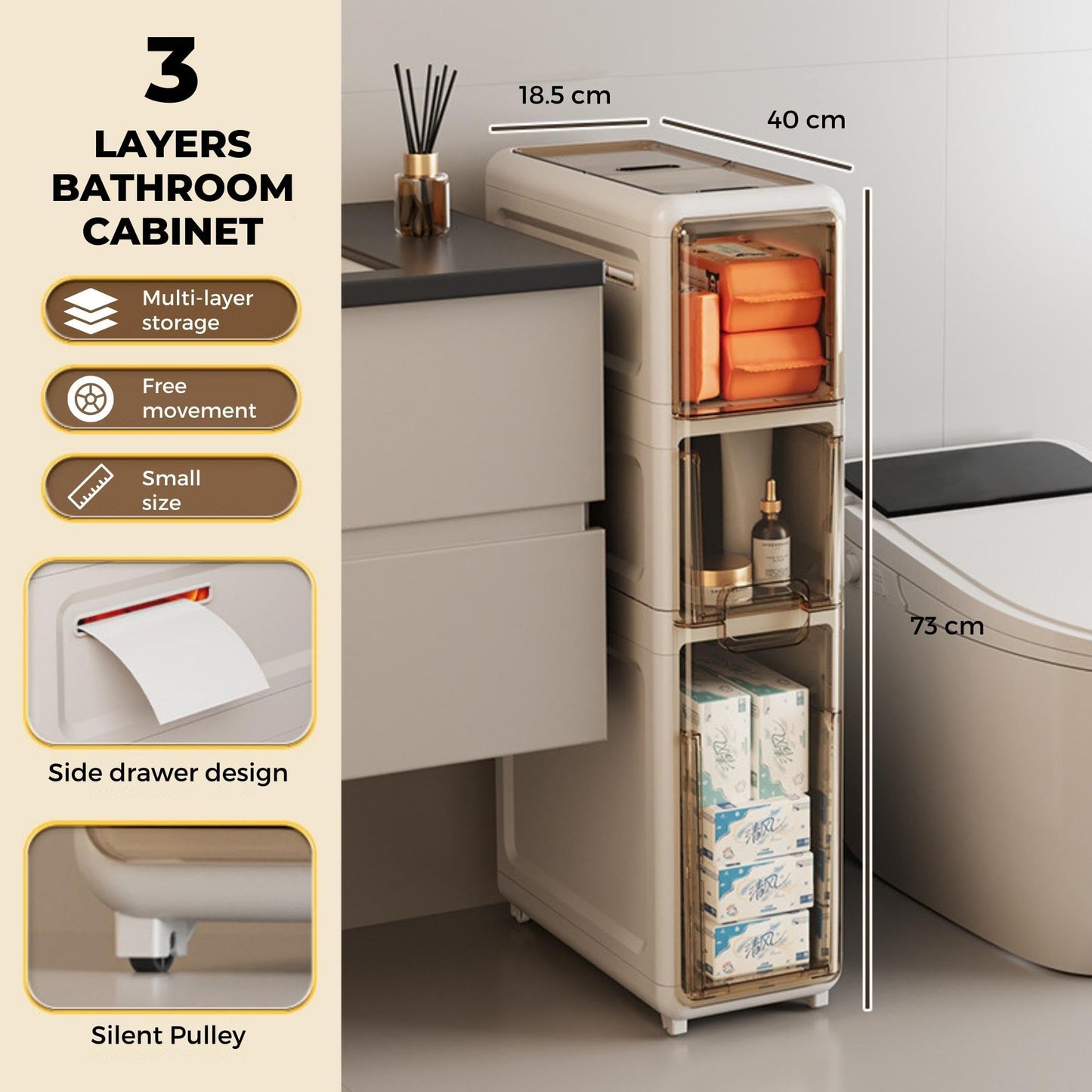 MAGIC SELECT Narrow Bathroom Organizer. Auxiliary Storage Furniture with Wheels for Narrow Places. Compact 3-Drawer Side Cabinet for Toilet Paper