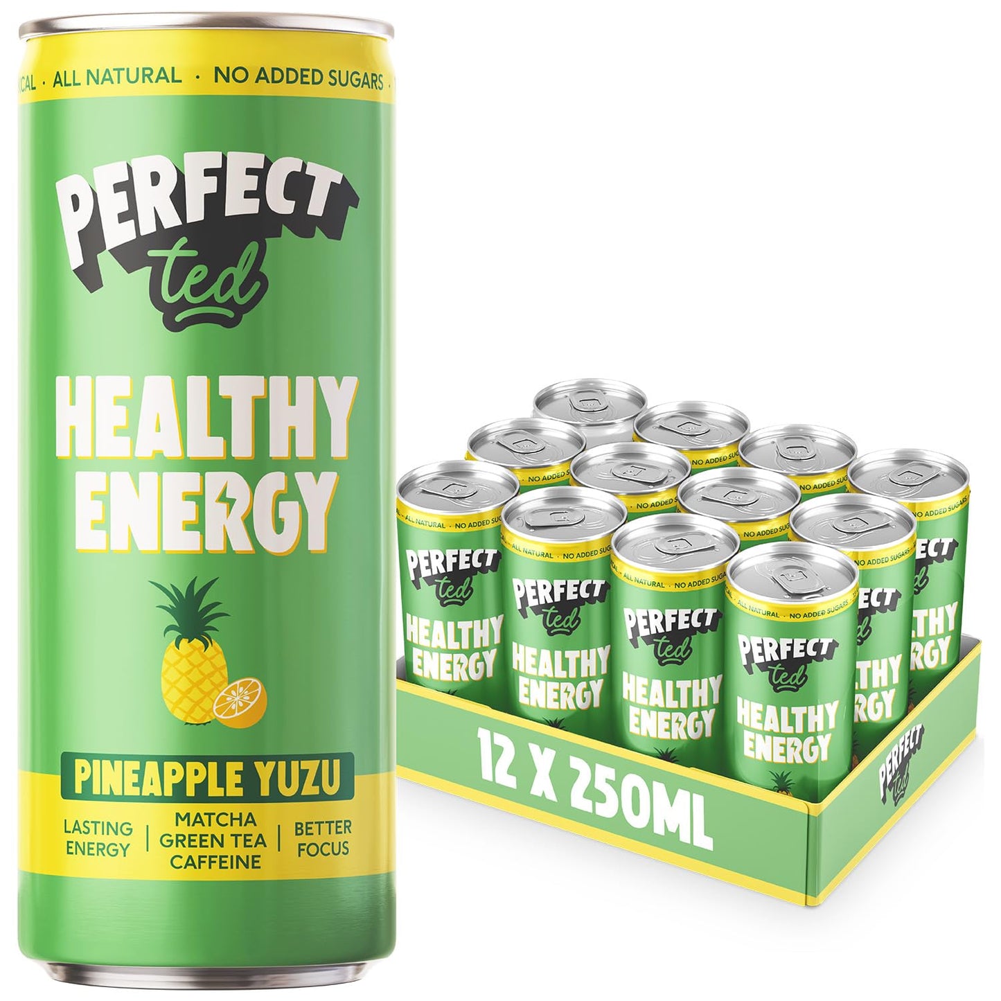 PerfectTed Pineapple Yuzu Healthy Energy Drink, 12 x 250ml Cans, All-Natural Green Tea Caffeine (80mg) & L-Theanine | Ultra Low Calorie (13KCAL) |