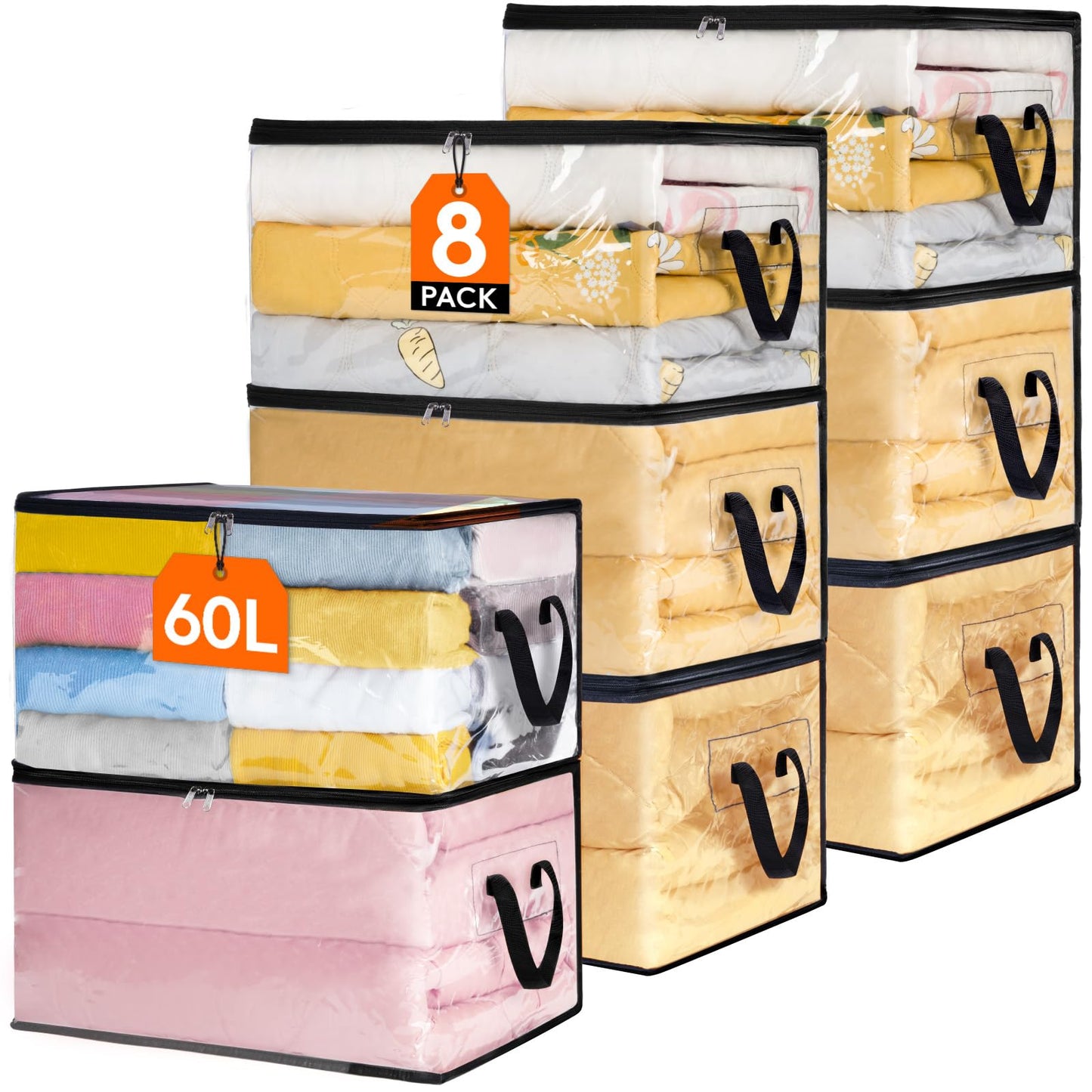 Lifewit 8 Pack Clear Clothes Storage Bags, 60L Plastic Blanket Storage Bags, Vinyl Foldable Moving Bags with Zipper, Closet Organizers and Storage
