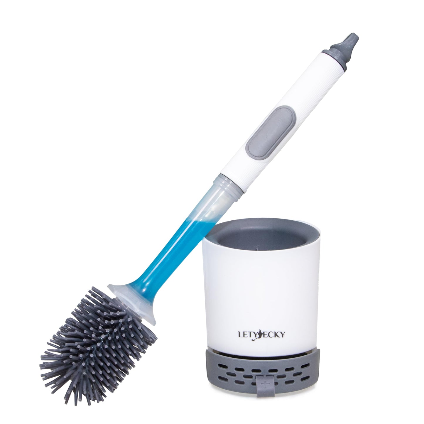 LETYJECKY Toilet Brush, Antibacterial Toilet Brush with Detergent Container, Silicone Handle, Grey, TPR Bristles, Wall Mount/Standing, Bathroom Set