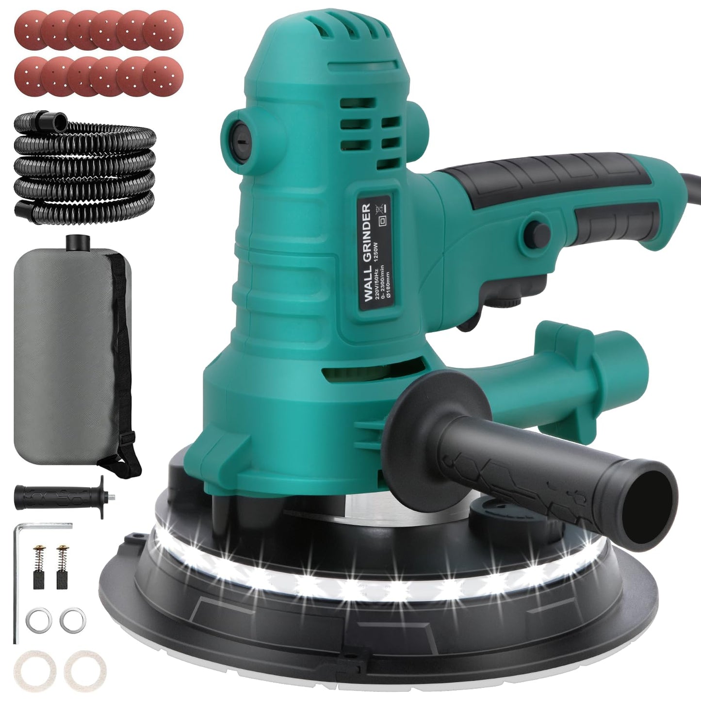 800W Electric Drywall Sander, Variable Speed1200-2300RPM Wall Sander with Vacuum, LED Lights, Dust Bag and Hose,12 Pcs Sanding Discs