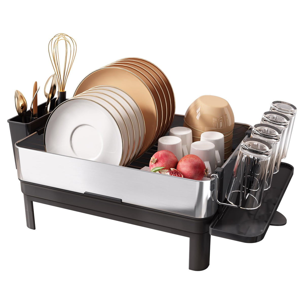 romision Dish Drainer Rack with Drip Tray, 304 Stainless Steel Large Dish Drying Rack for Kitchen Sink of Big Family, Plate Draining Board Rack with