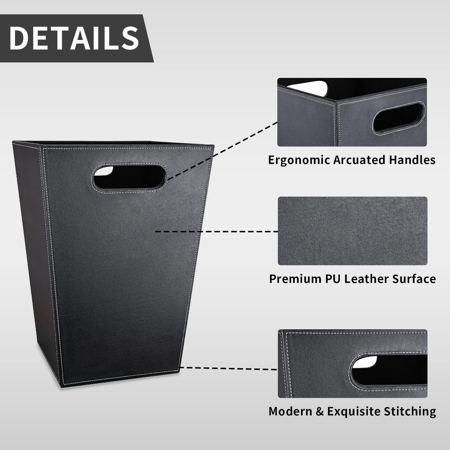 GORESE Office Square Waste Paper Bin Leather Modern Design Waste Paper Bin for Kitchen, Bathroom, Office (Black)