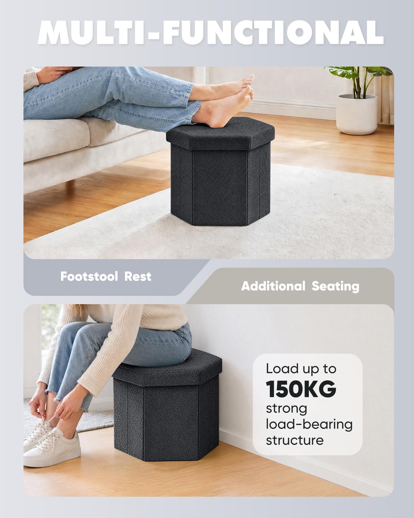 Bonlife Folding Storage Ottoman Hexagonal, Footrest with Toy Ches Box, 43cm