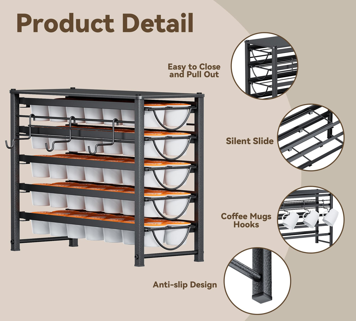 5 Tier Coffee Pod Storge Drawer for Dolce Gusto, 70 Capsules Capacity Pod Holder, Non-Slip Sliding Coffee Holder Organizer, Metal Coffee Pod Storge