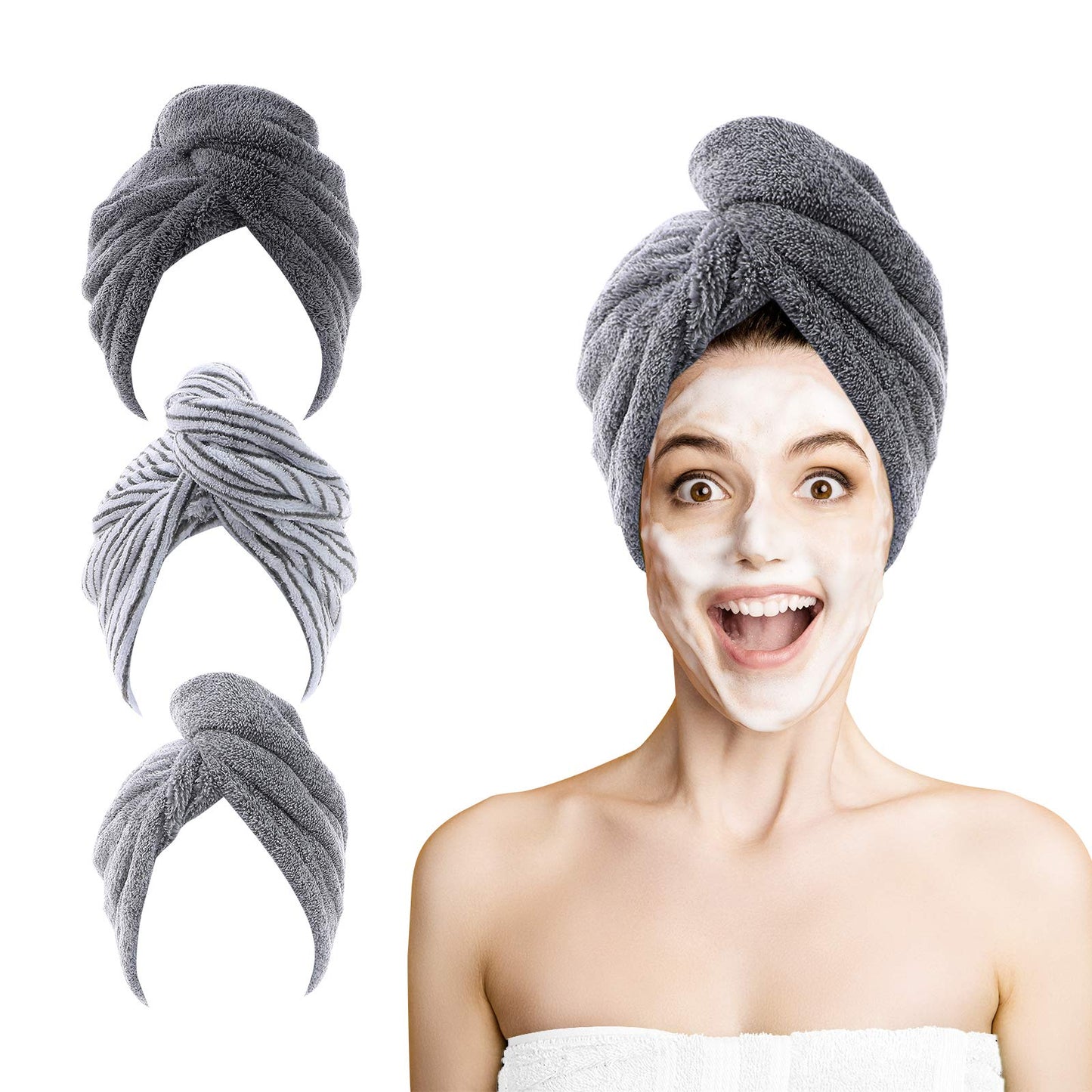 ROSSHINE Microfibre Hair Towel Wrap, 3 Pack Hair Turban Towel 65x25 cm, Soft and Anti Frizz Head Towel, Super Absorbent Quick Drying Curly Hair Towel
