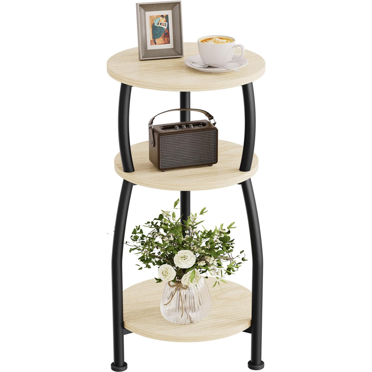 Yuede Round Side Table, 3 Tier Slim Round Coffee Table, Small End Table with Storage Shelf, Bedside Table, for Living Room, Bedroom, Small Space