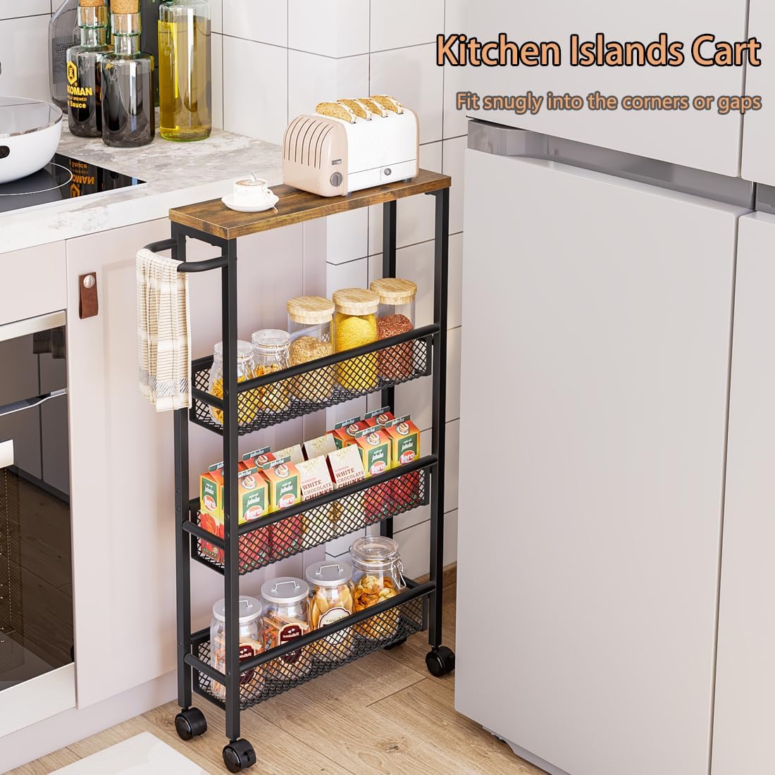 Dazioter Slim Rolling Cart 4 Tier Narrow Storage Cart on Wheels with MDF Board Top and Metal Handle for Small Space Kitchen Living Room Home Office