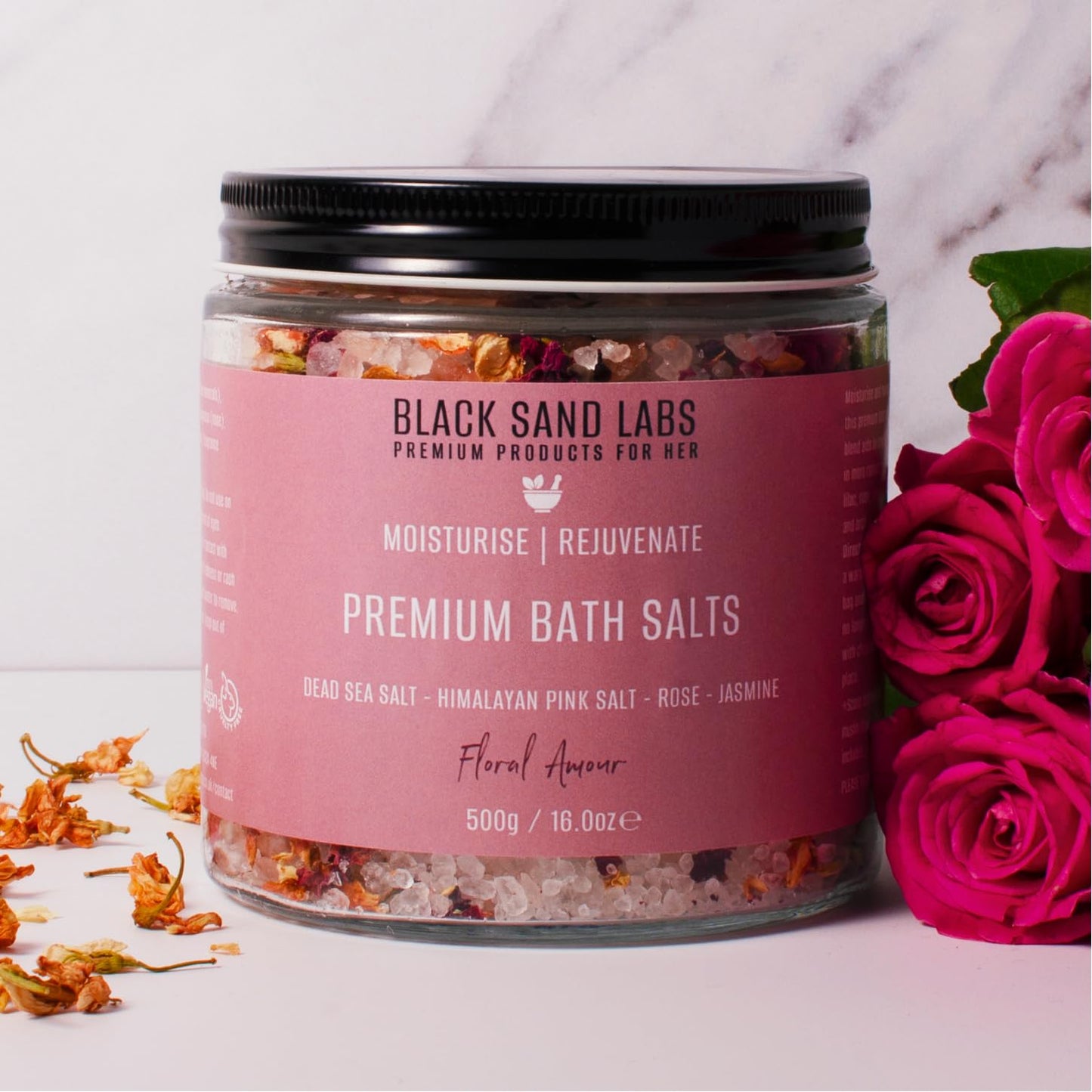 Black Sand Labs Premium Bath Salts for Her, Luxury Blend of Dead Sea & Himalayan Pink Salt, Rose Petals and Jasmine That Moisturises and Rejuvenates