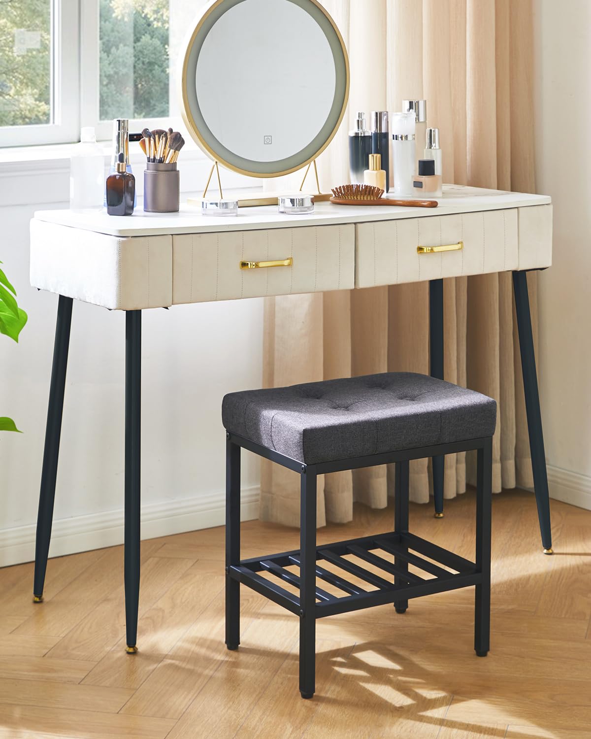 IBUYKE Rectangular Makeup Stool, Linen Seat Vanity Chair, Dark Gray WBD017G