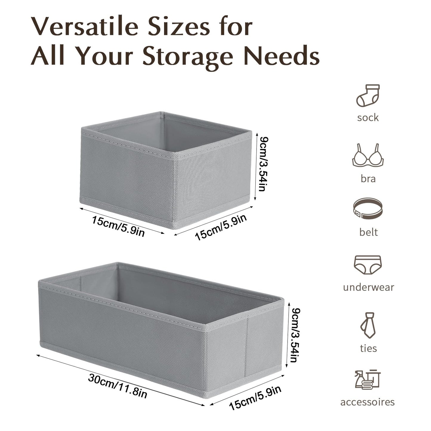 DIMJ Sock Drawer Organisers, Underwear Storage, Tie Organiser 8 Pack, Grey