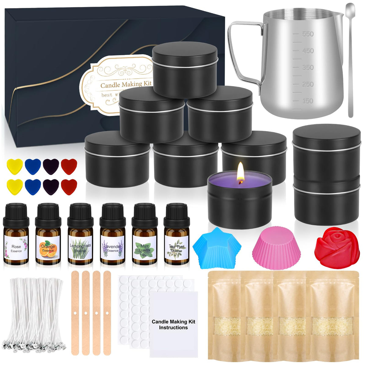Candle Making Kit for Adults Beginners, Candle Making Supplies Accessory, DIY Scented Candle Set with Beeswax, Essential Oil, Wicks, Wax Melting Pot,