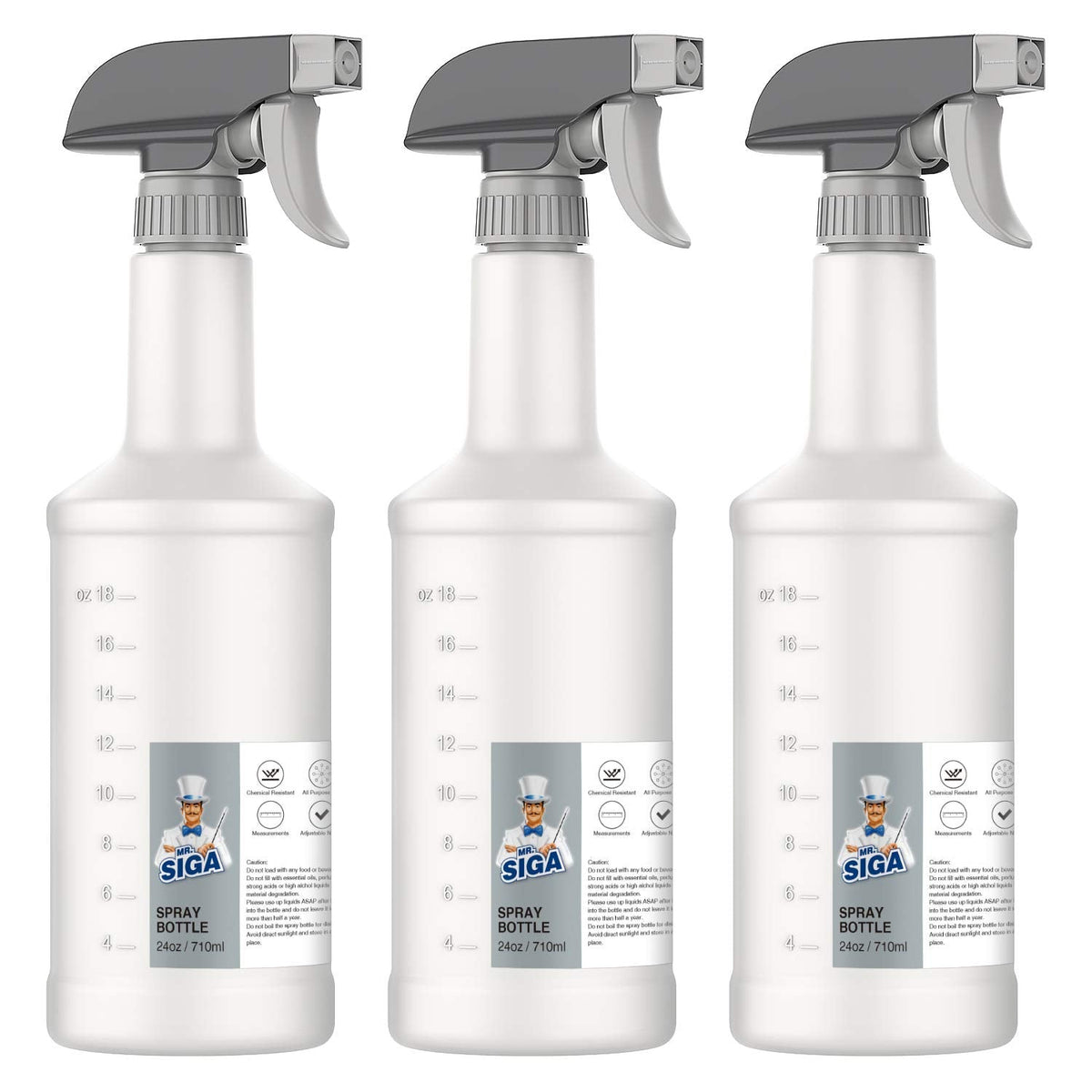 MR.SIGA 24 oz Plastic Spray Bottles for Cleaning Solutions, HDPE Commercial Grade Refillable Water Spray Bottle with Measurements and Adjustable Leak