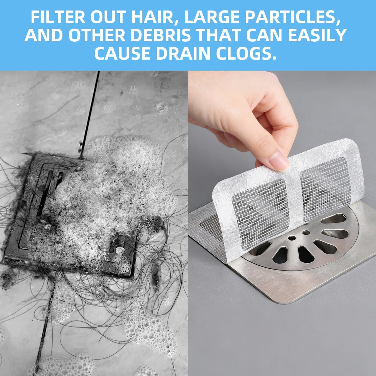 Disposable Hair Stopper for Shower Drain, 60Pcs Bathroom Sink Drain Strainer Hair Catcher Protector Flat