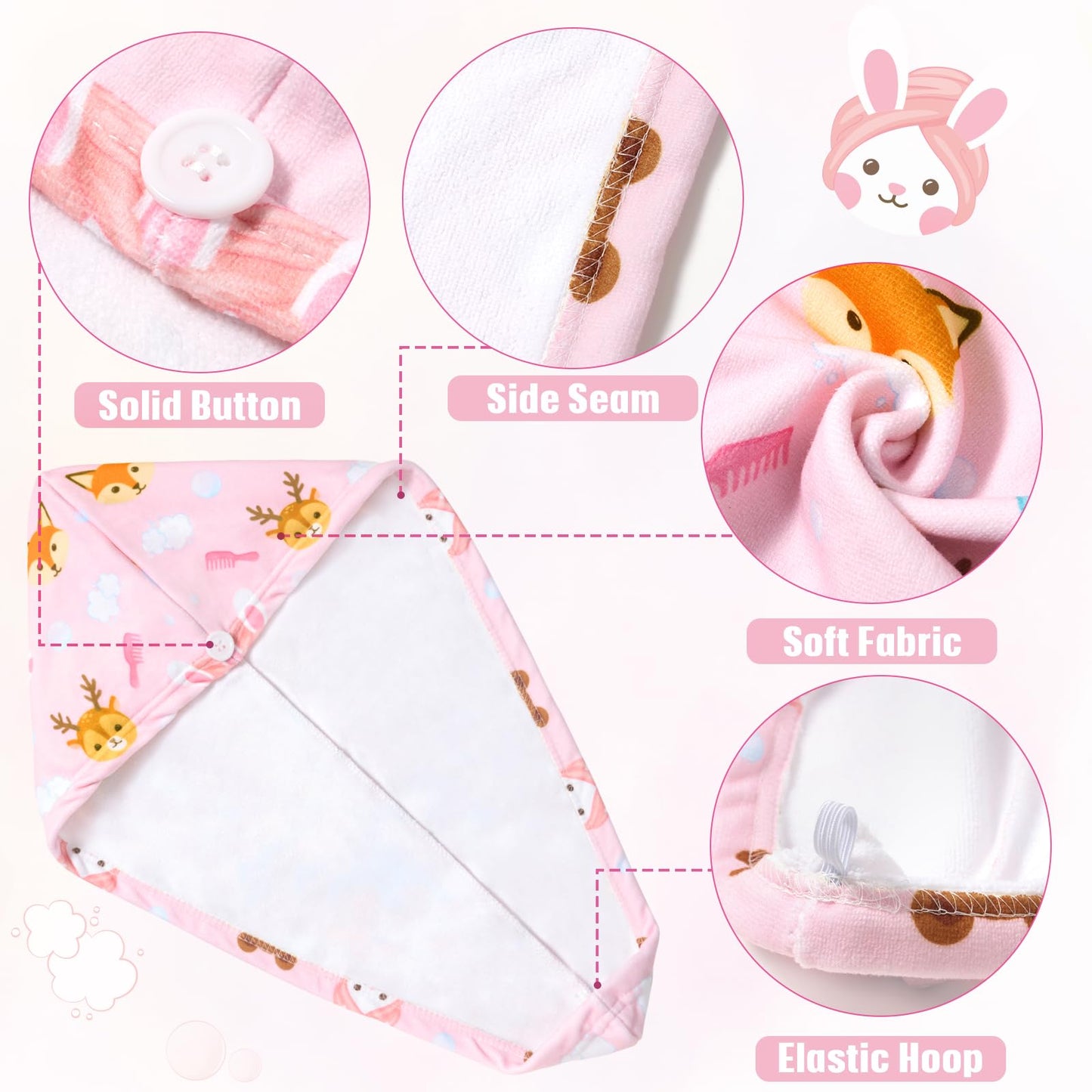 WAWSAM 2 Pack Kids Hair Towel Wrap for Girls, Microfibre Hair Turban Towel Fast Drying, Hair Towel Wrap with Elastic Strap for Long Hair