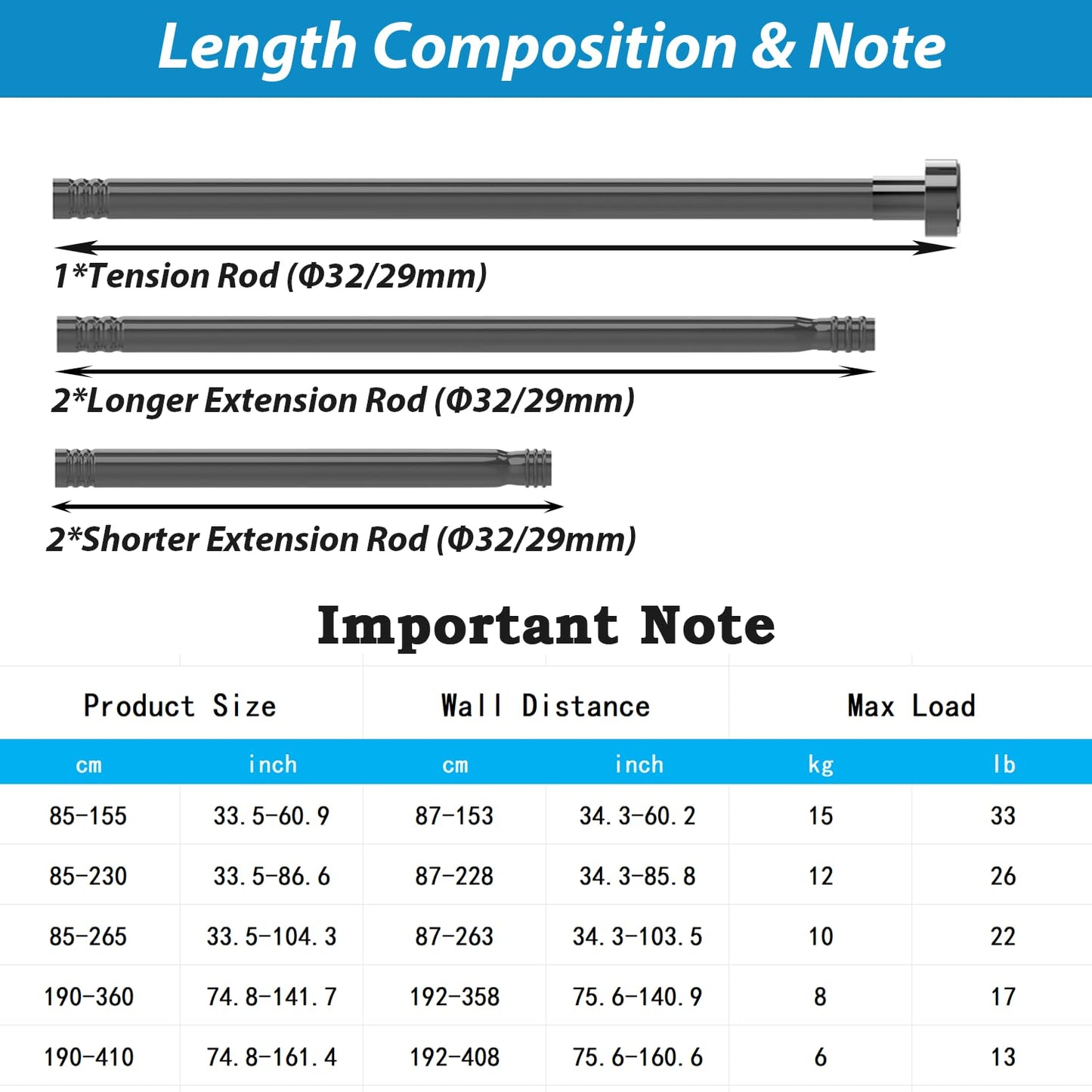 Curtain Poles No Drilling Tension Curtain Rods Extendable Shower Curtain Pole Heavy Duty Tension Rod Shower Pole for Bathroom, Window, Door, Closet