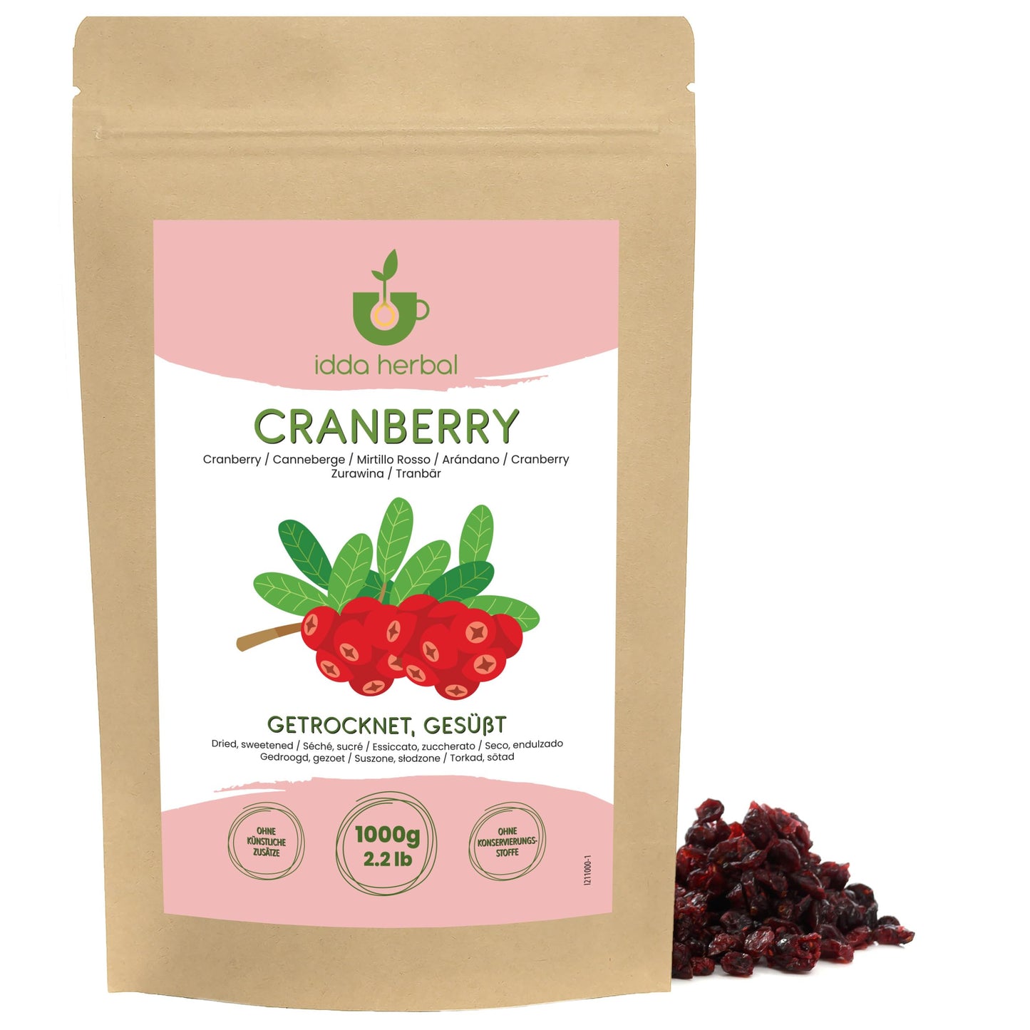 IDDA Herbal Cranberries Dried 1kg 2.2 lb, Dried Cranberries, Sweetened with Apple Juice